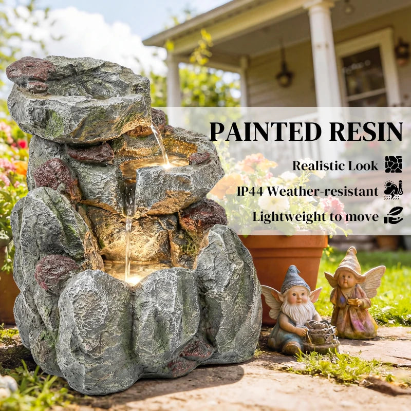 Outdoor Fountain with LED Lights Adjustable Flow Cascading Waterfall 3-Tier Rustic Rock Look Grey