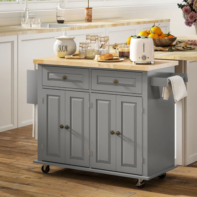 Kitchen Island with Storage, Rolling Trolley Cart with Rubber Wood Top, Spice Rack, Towel Rack, 2 Locking Brakes,Grey