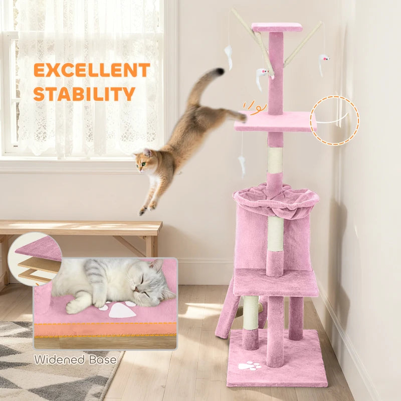 53" Cat Tree Tower, Kitten Activity Centre with Scratching Posts, Condo, Perches, Ladder, Hammock, Dangling Toys, Pink