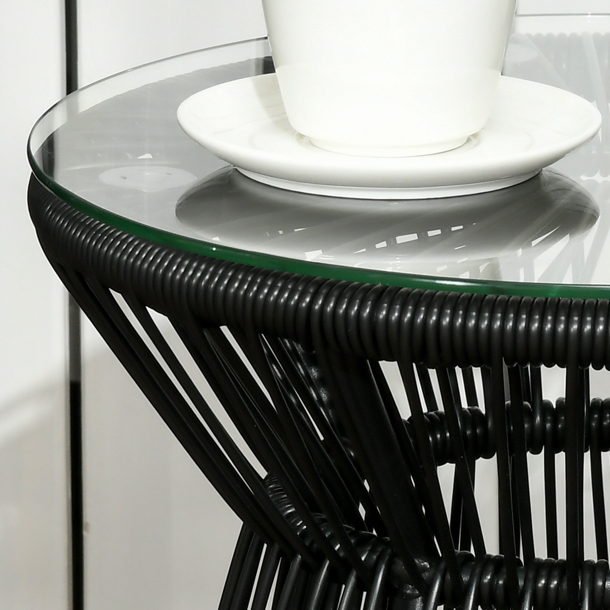 Outsunny Rattan Round End Table Modern Side Table with Glass Top, Hollow Drum Design for Patio, Garden, Balcony in Black 
