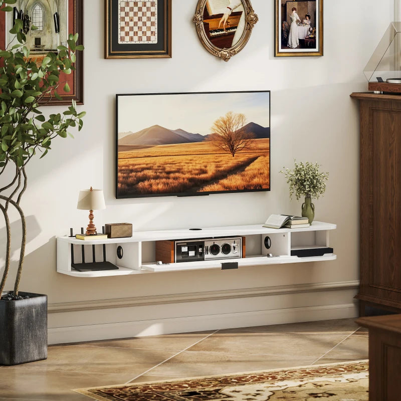 55" Floating TV Stand for TVs up to 60 Inch, Wall Mounted Media Console with Flip Drawer and 2 Open Shelves, White