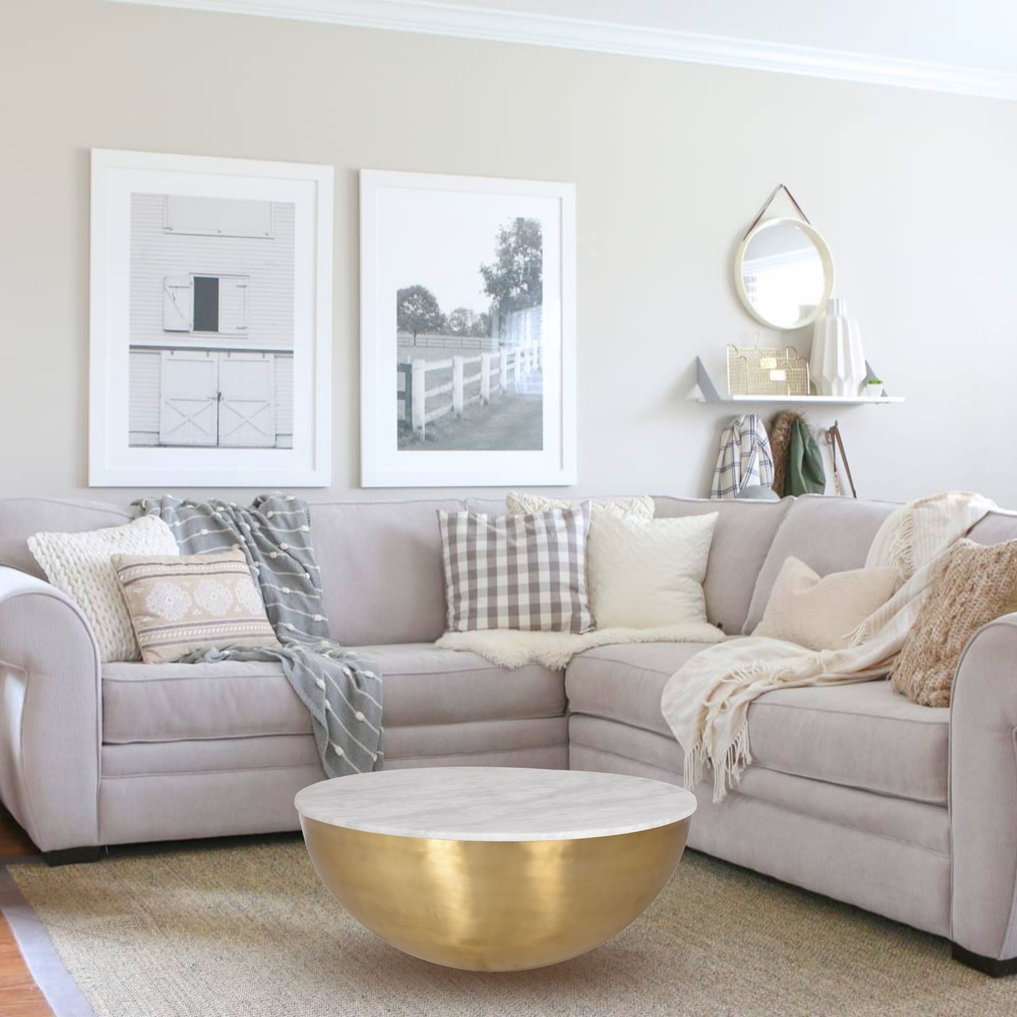 Lia Brass Drum Coffee Table With Marble Top 