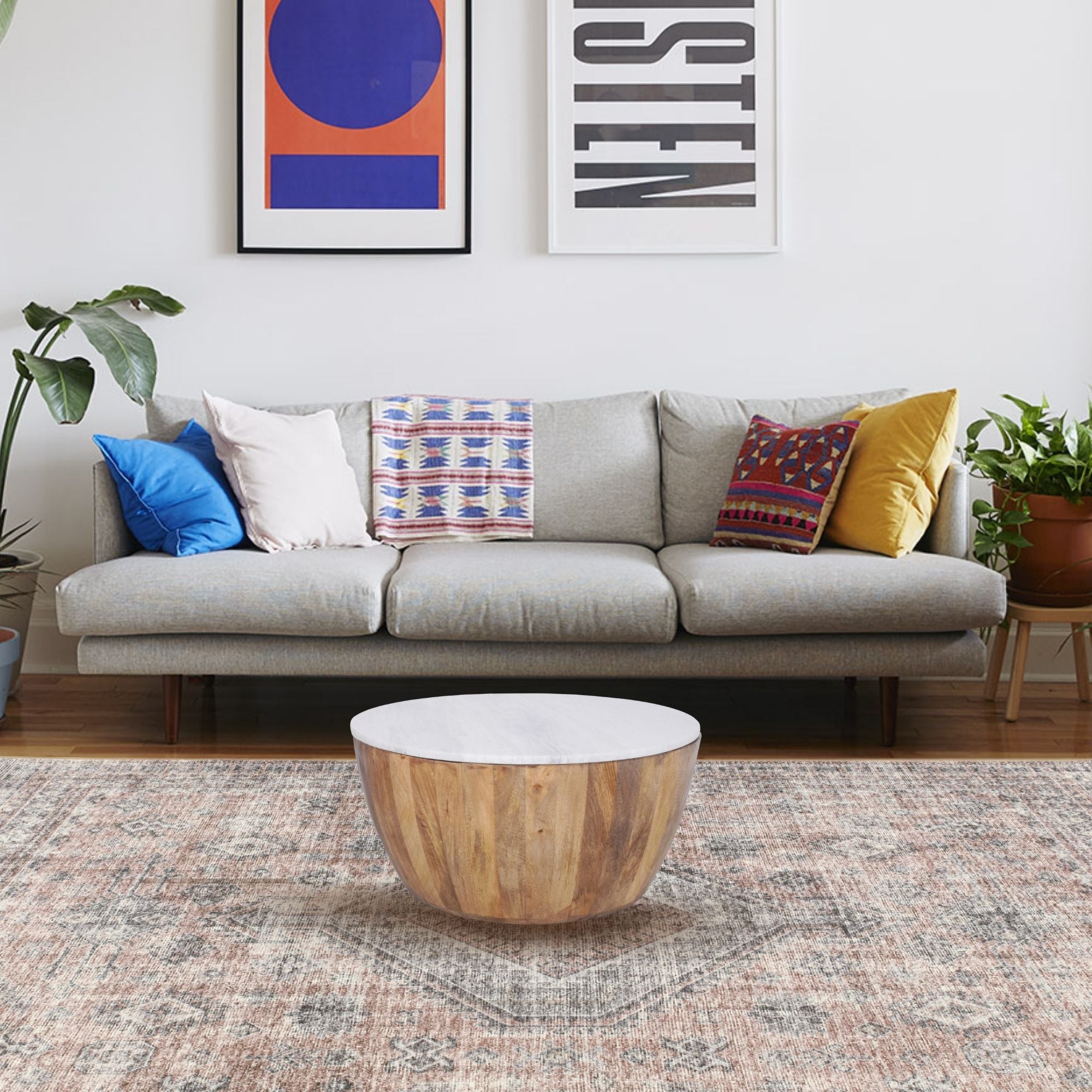 Cecile Mango Wood Drum Coffee Table With Marble Top 