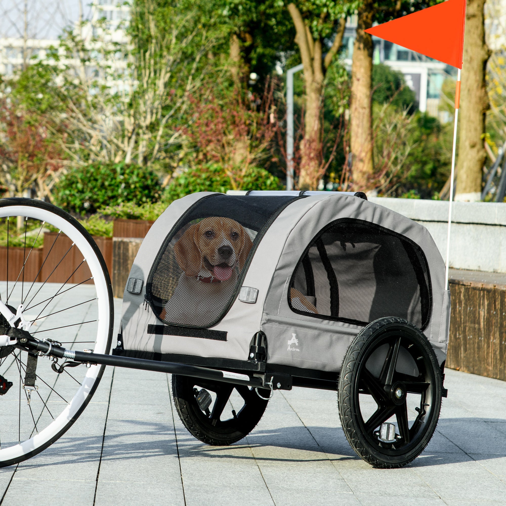 Aosom Dog Bike Trailer with Mesh Windows, Safety Leash, Safety Flag, Front/Rear Doors, for Medium Dogs Travel, Light Grey 
