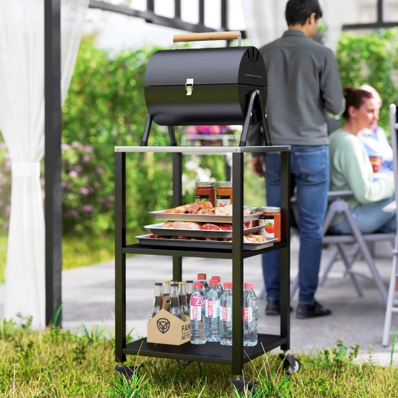 Outdoor Grill Cart, Pizza Oven Stand with Stainless Steel Top, 3-Tier Rolling Kitchen Prep Station with Wheels, Black