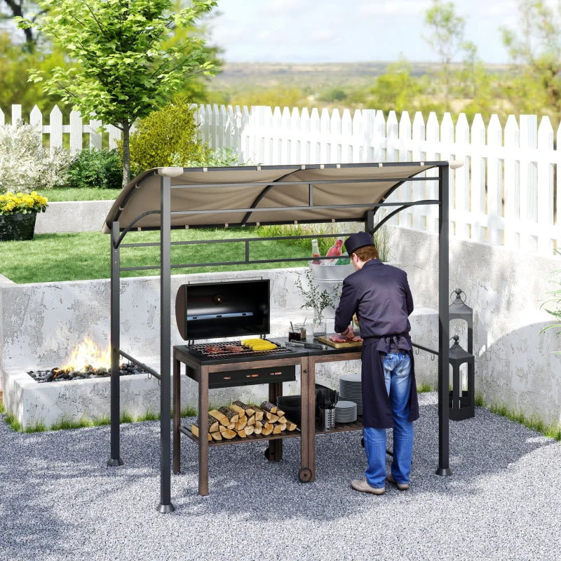 7' x 5' BBQ Grill Gazebo Tent, Garden Grill Canopy with Steel Frame and Hooks, Outdoor Sun Shade, Khaki