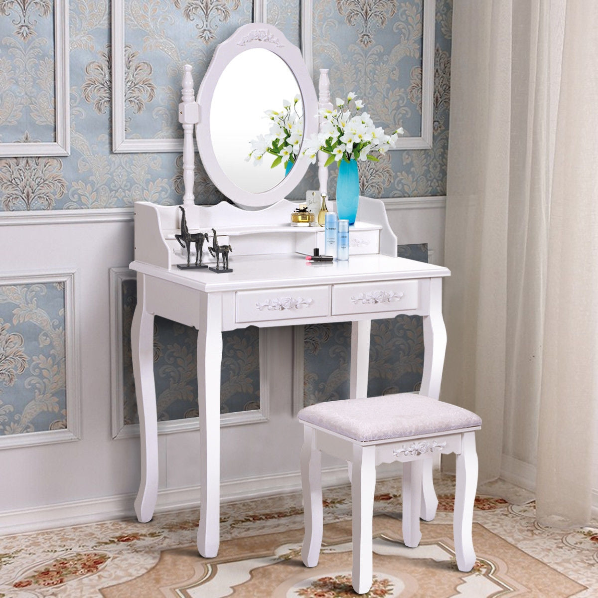 Wood Vanity Table Set with Oval Mirror and 4 Drawers for Kids Girls Women-White