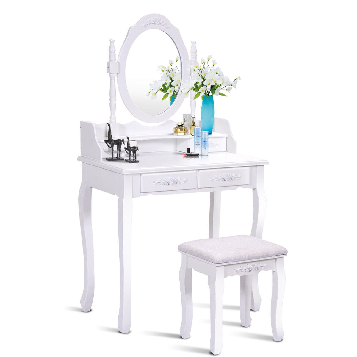 Wood Vanity Table Set with Oval Mirror and 4 Drawers for Kids Girls Women-White