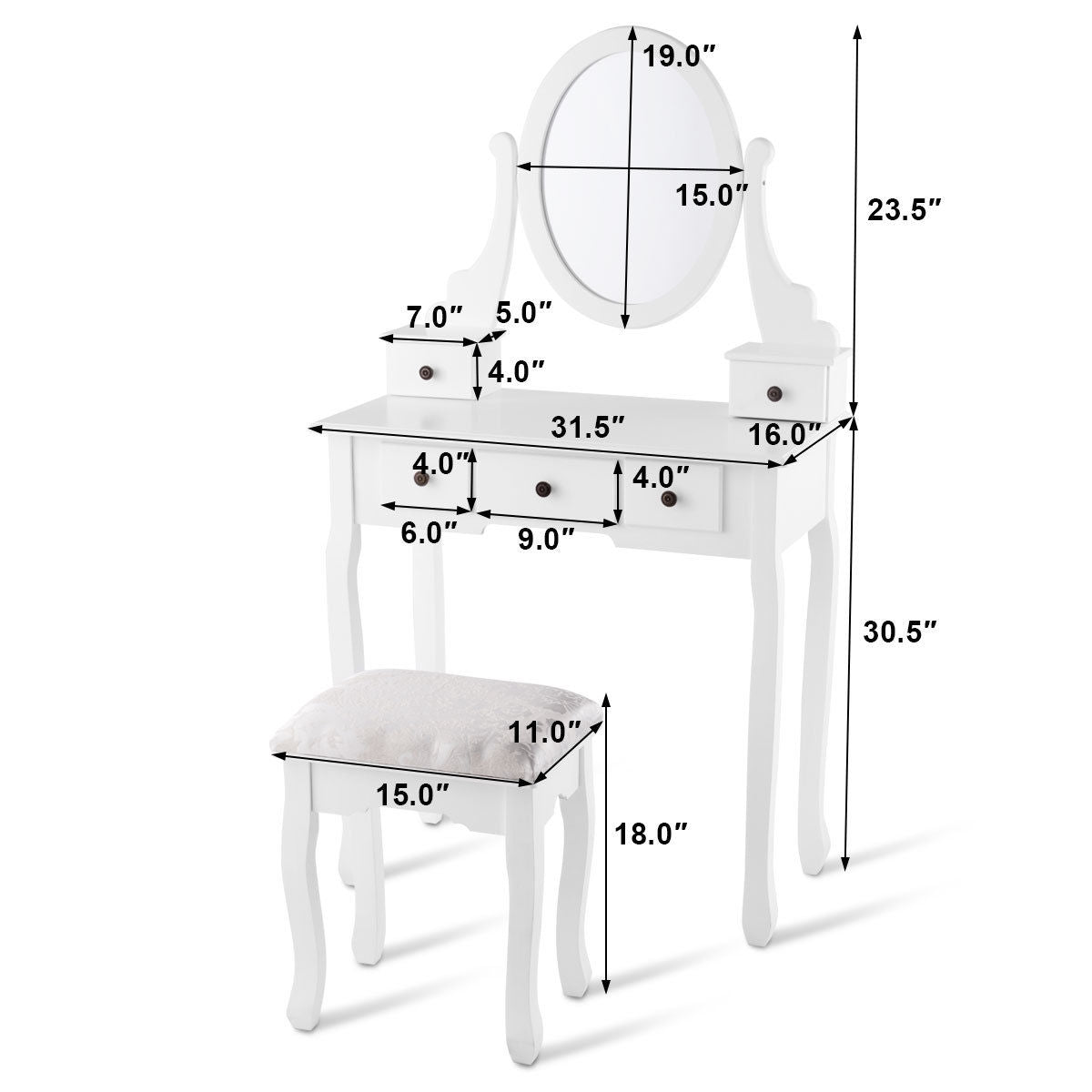 Dressing Table Set with Oval Mirror  Stool and 5 Storage Drawers