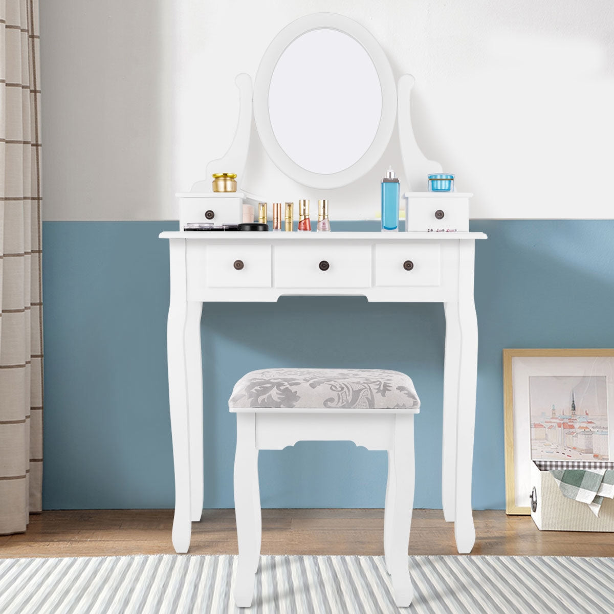 Dressing Table Set with Oval Mirror  Stool and 5 Storage Drawers