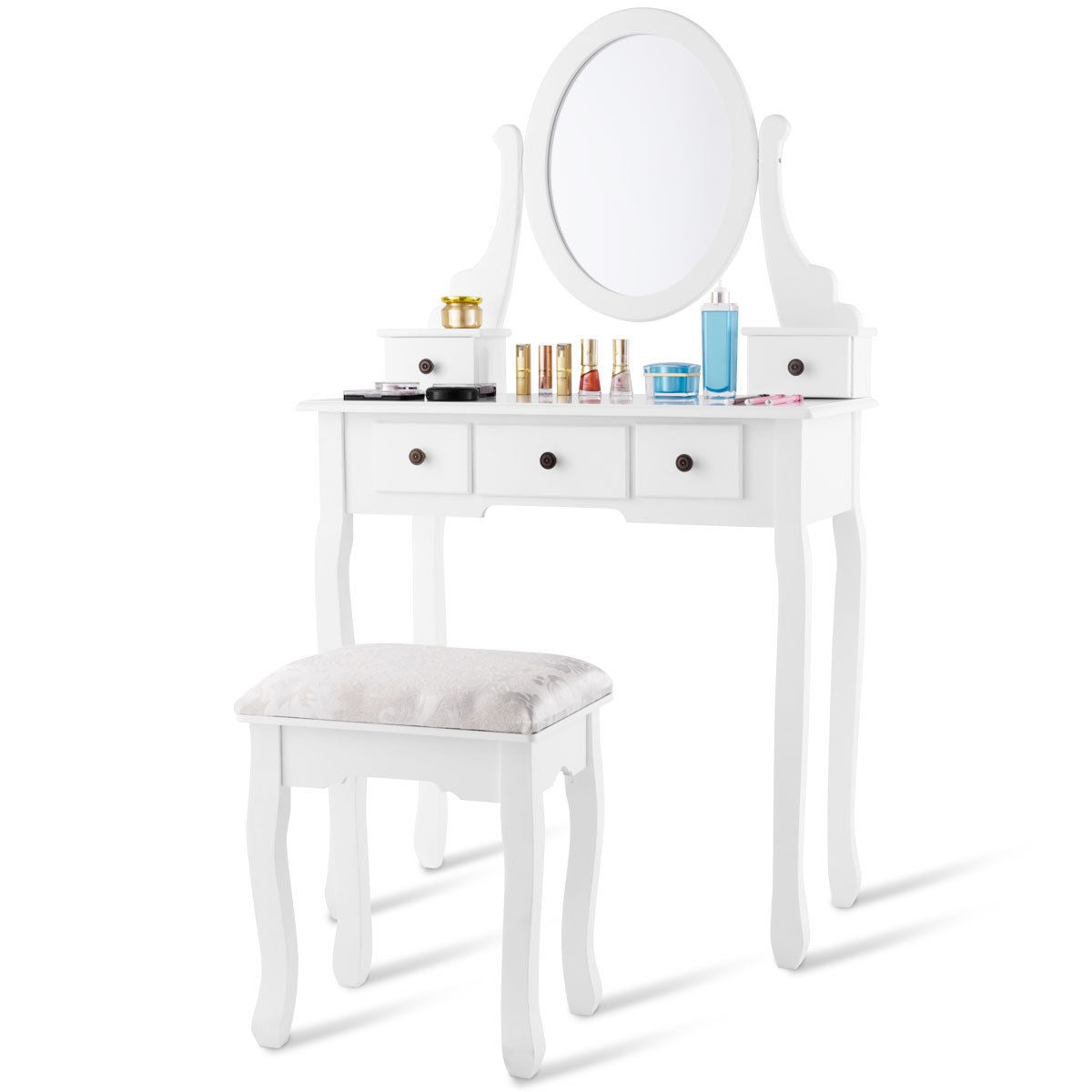 Dressing Table Set with Oval Mirror  Stool and 5 Storage Drawers