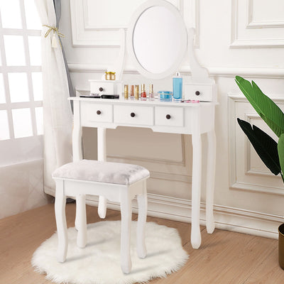 Dressing Table Set with Oval Mirror  Stool and 5 Storage DrawersÂ 