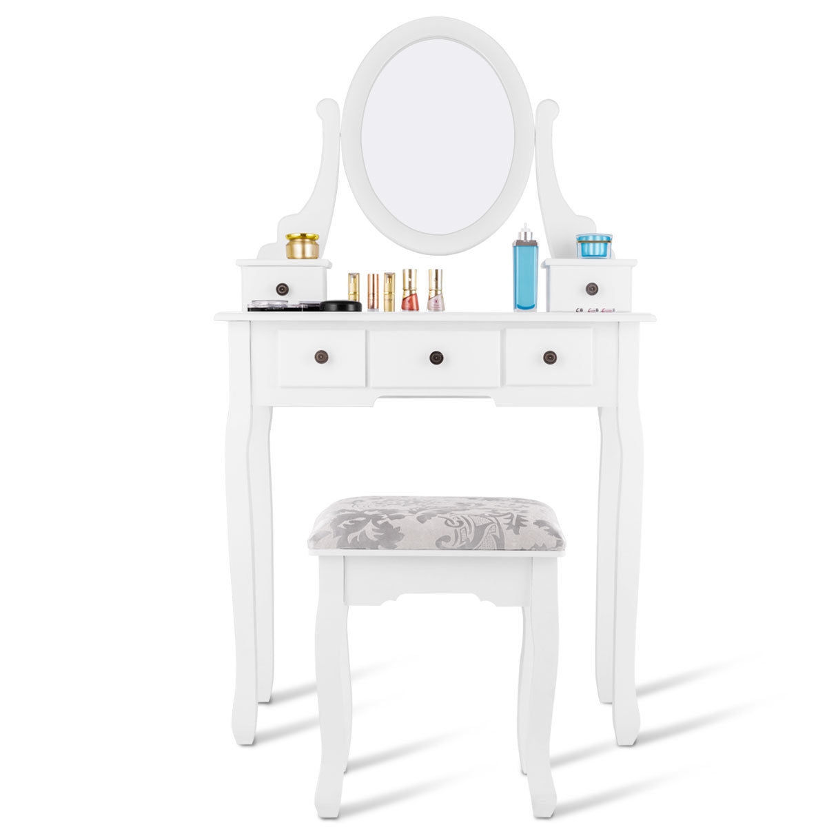 Dressing Table Set with Oval Mirror  Stool and 5 Storage Drawers