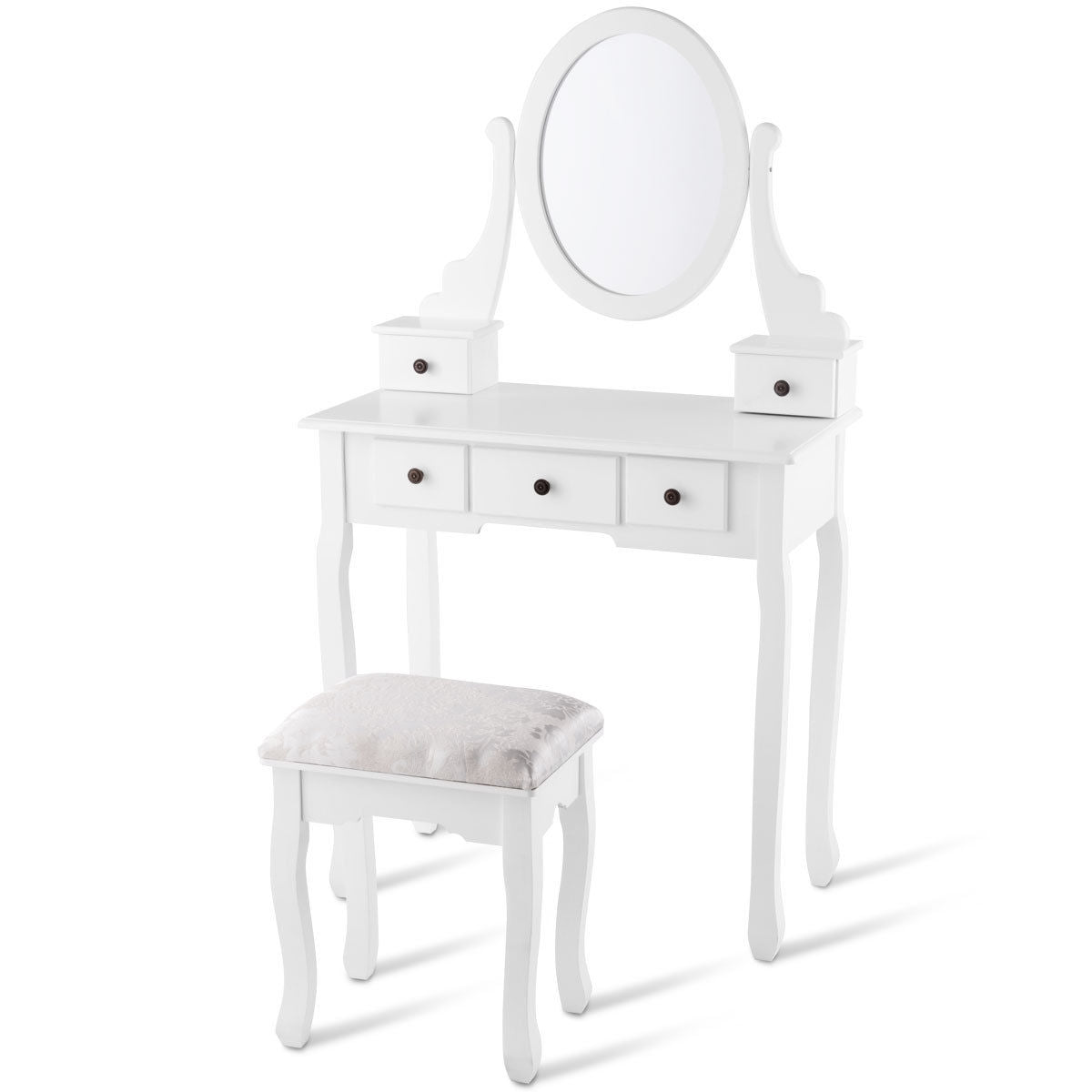 Dressing Table Set with Oval Mirror  Stool and 5 Storage Drawers