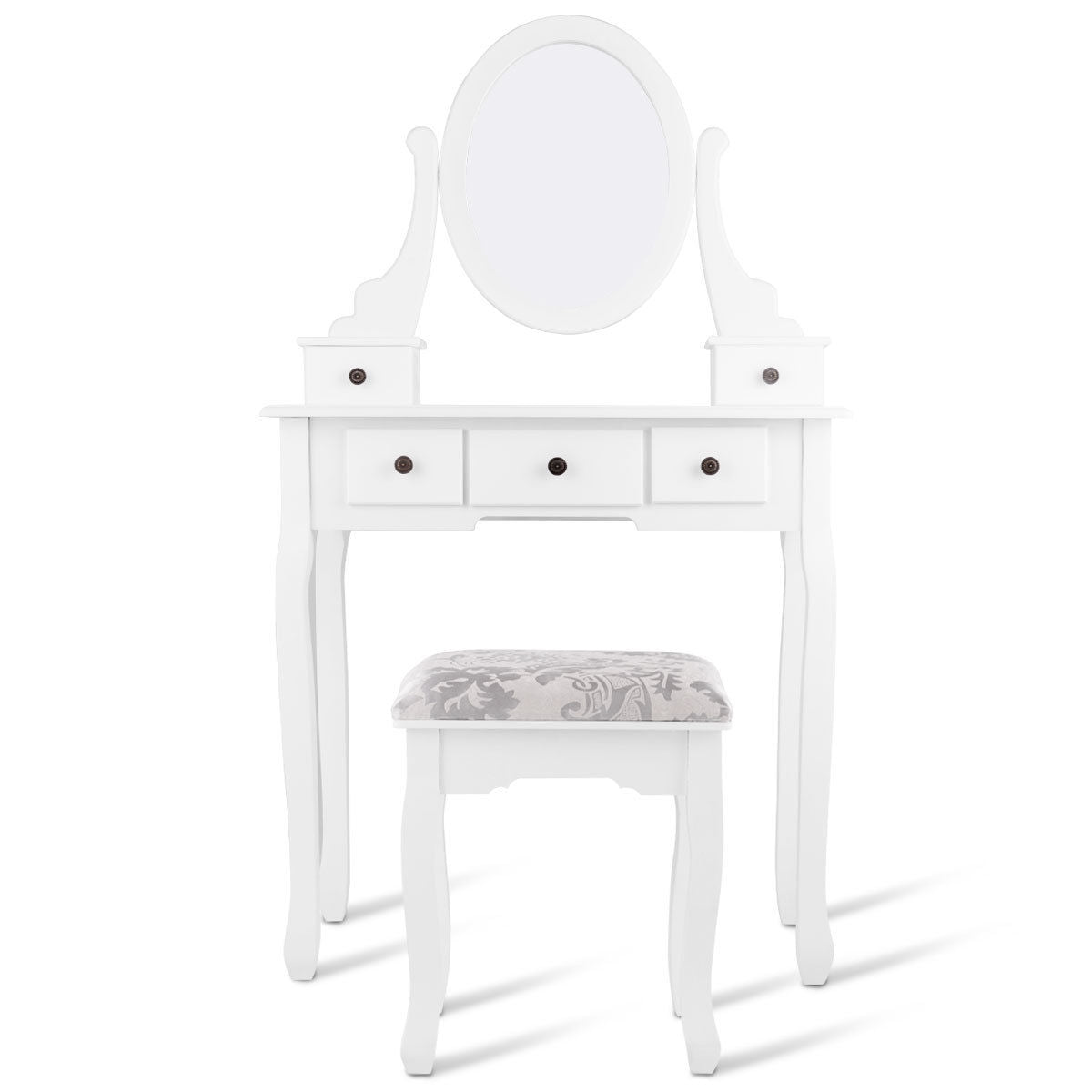 Dressing Table Set with Oval Mirror  Stool and 5 Storage Drawers