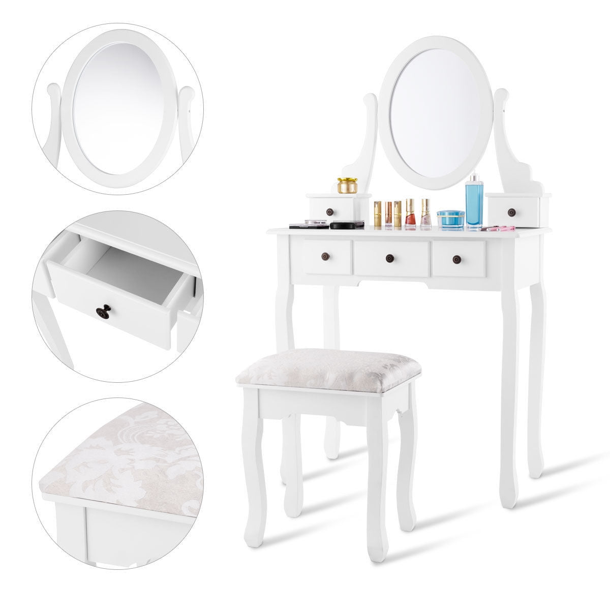 Dressing Table Set with Oval Mirror  Stool and 5 Storage Drawers