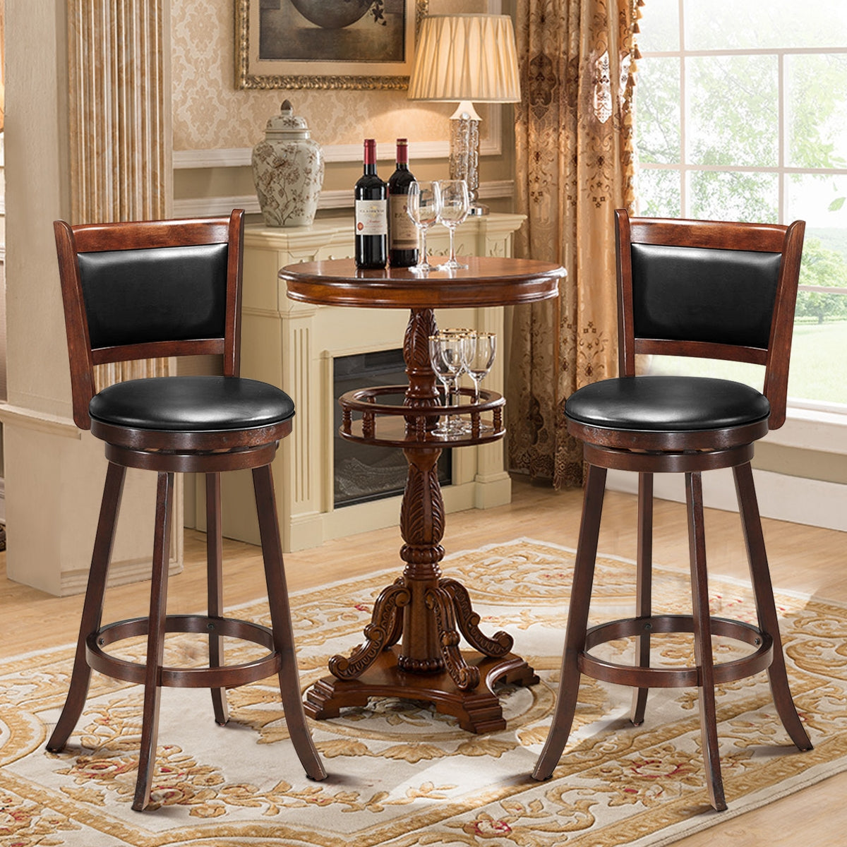 Set of 2 29 Inch Swivel Bar Height Stool Wood Dining Chair Barstool-Brown