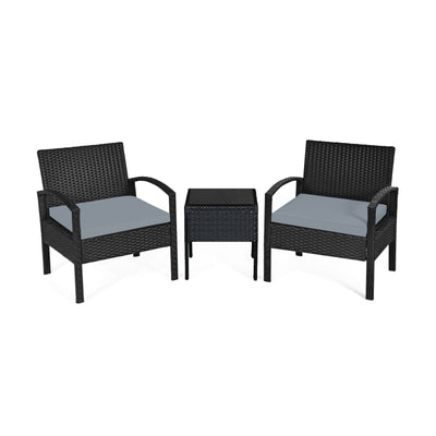 3 Pieces Outdoor Rattan Patio Conversation Set with Seat Cushions-GrayÂ 