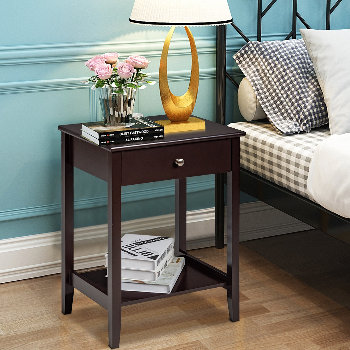 Set of 2 Wooden Bedside Sofa Table-Brown