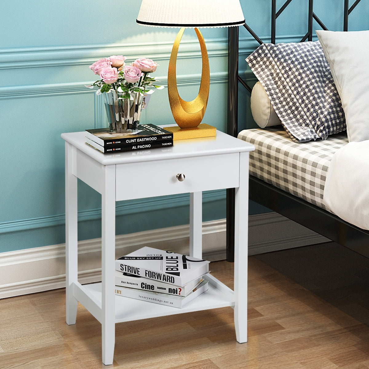 Set of 2 Wooden Bedside Sofa Table-White