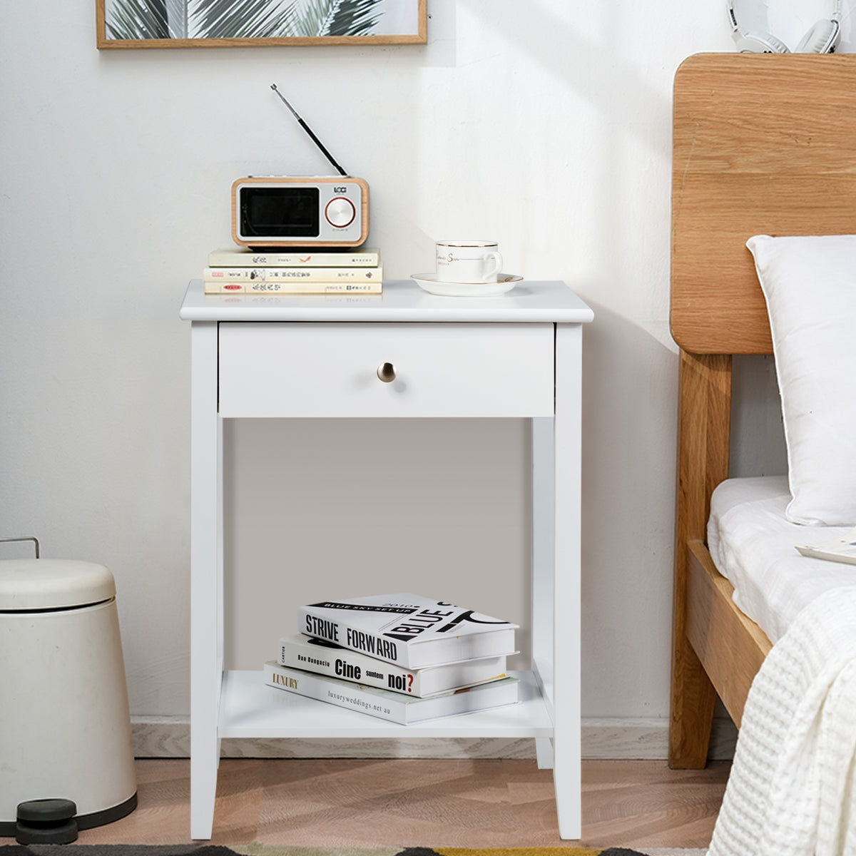 Set of 2 Wooden Bedside Sofa Table-White