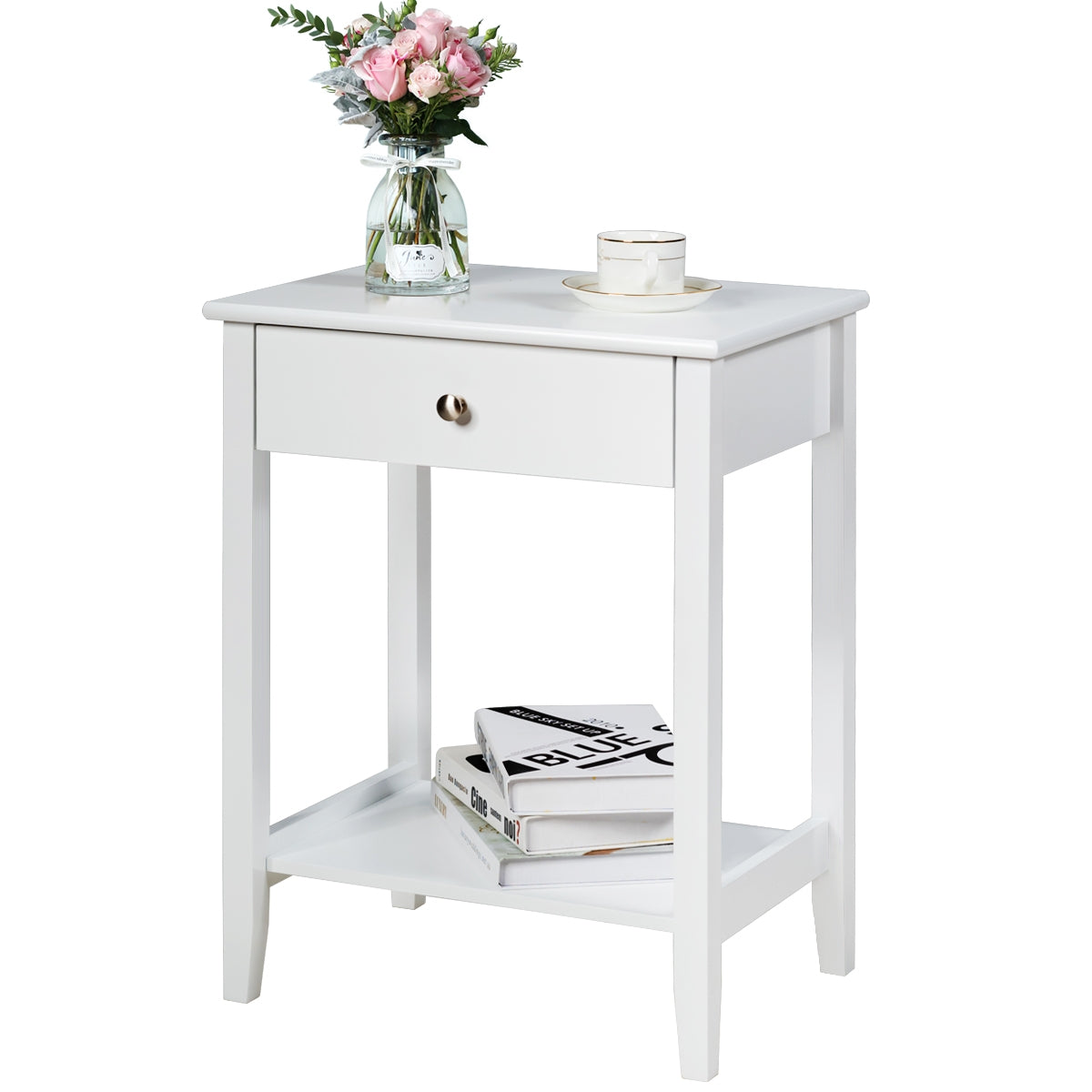 Set of 2 Wooden Bedside Sofa Table-WhiteÂ 