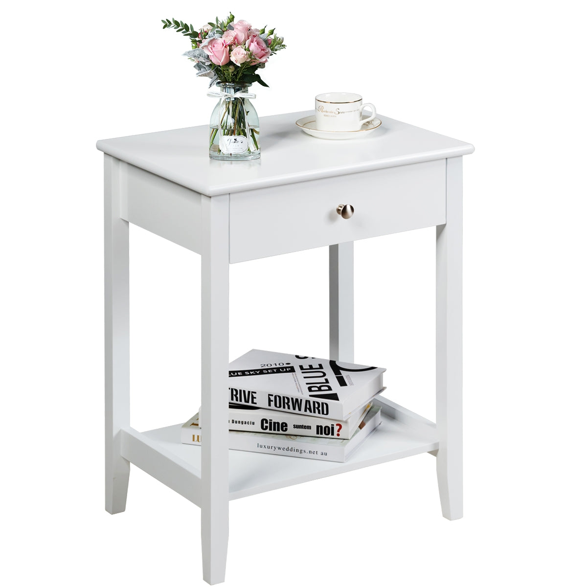 Set of 2 Wooden Bedside Sofa Table-WhiteÂ 