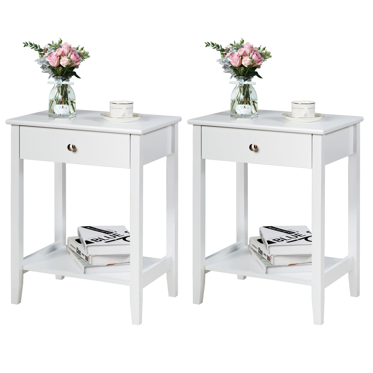 Set of 2 Wooden Bedside Sofa Table-WhiteÂ 