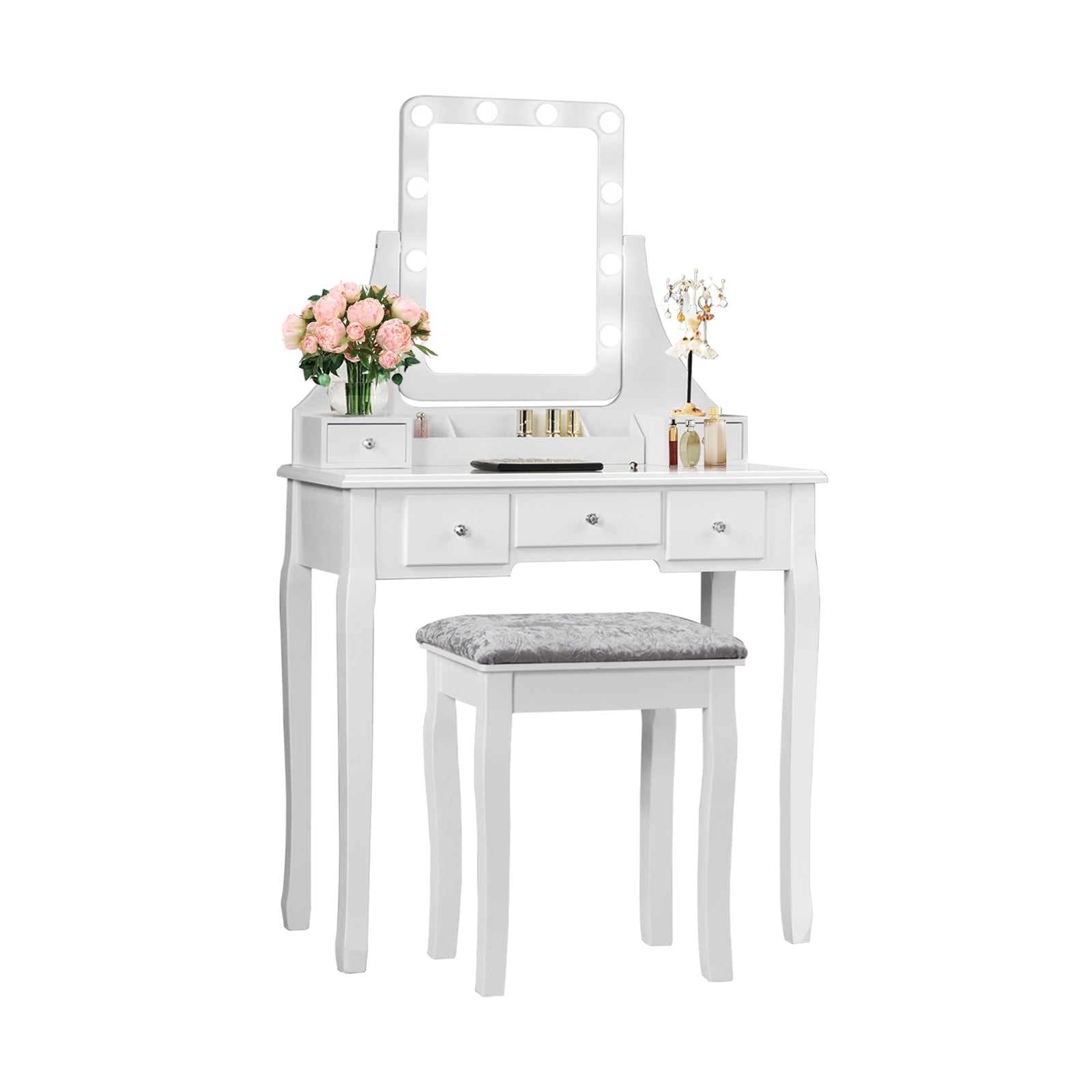 Vanity Dressing Table Set with 10 Dimmable Bulbs and Cushioned Stool-White