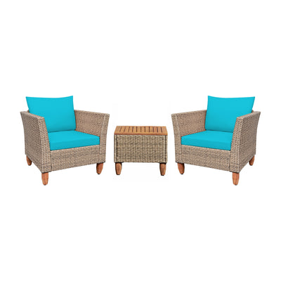3 Pieces Patio Rattan Furniture Set with Washable Cushion for Yard Porch-Turquoise 