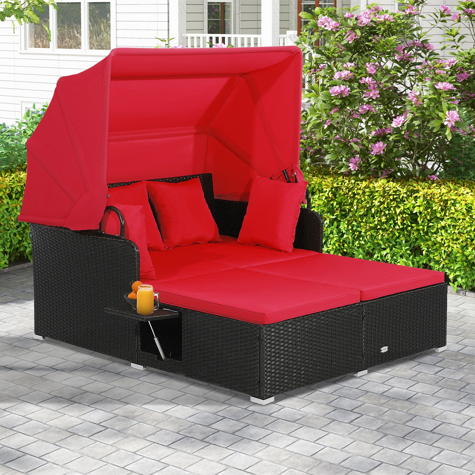 Patio Rattan Daybed with Retractable Canopy & Fold-Out Side Tables