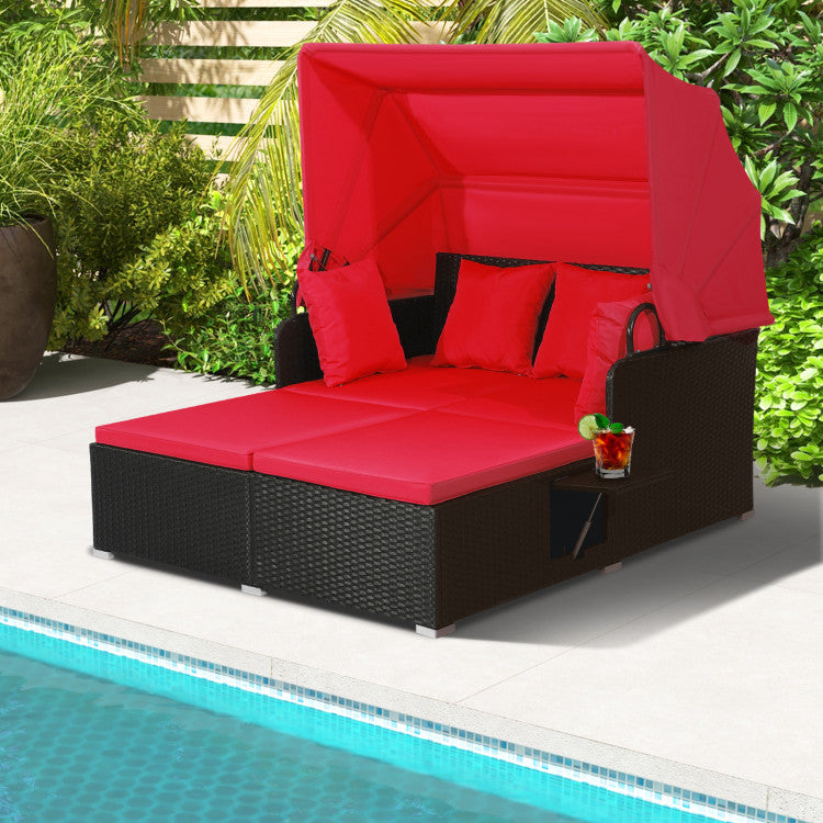 Patio Rattan Daybed with Retractable Canopy & Fold-Out Side Tables