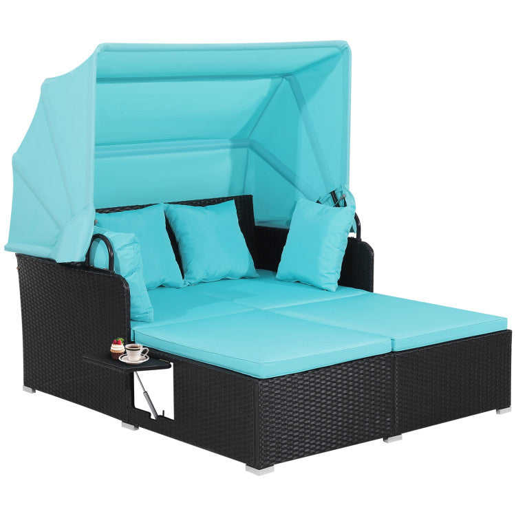 Patio Rattan Daybed with Retractable Canopy & Fold-Out Side Tables