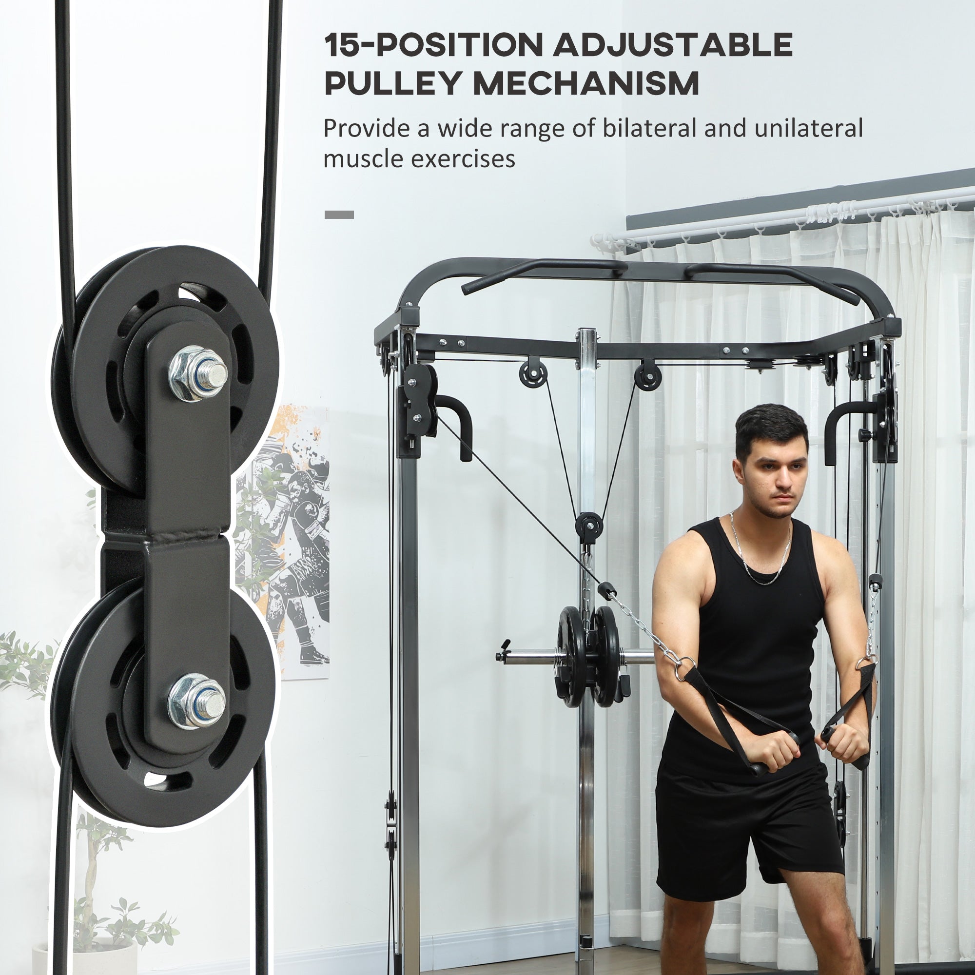Soozier 3 In 1 Smith Machine Power Rack with Cable Crossover System, Pull up Station, 16-Level Squat Rack and Barbell Bar 