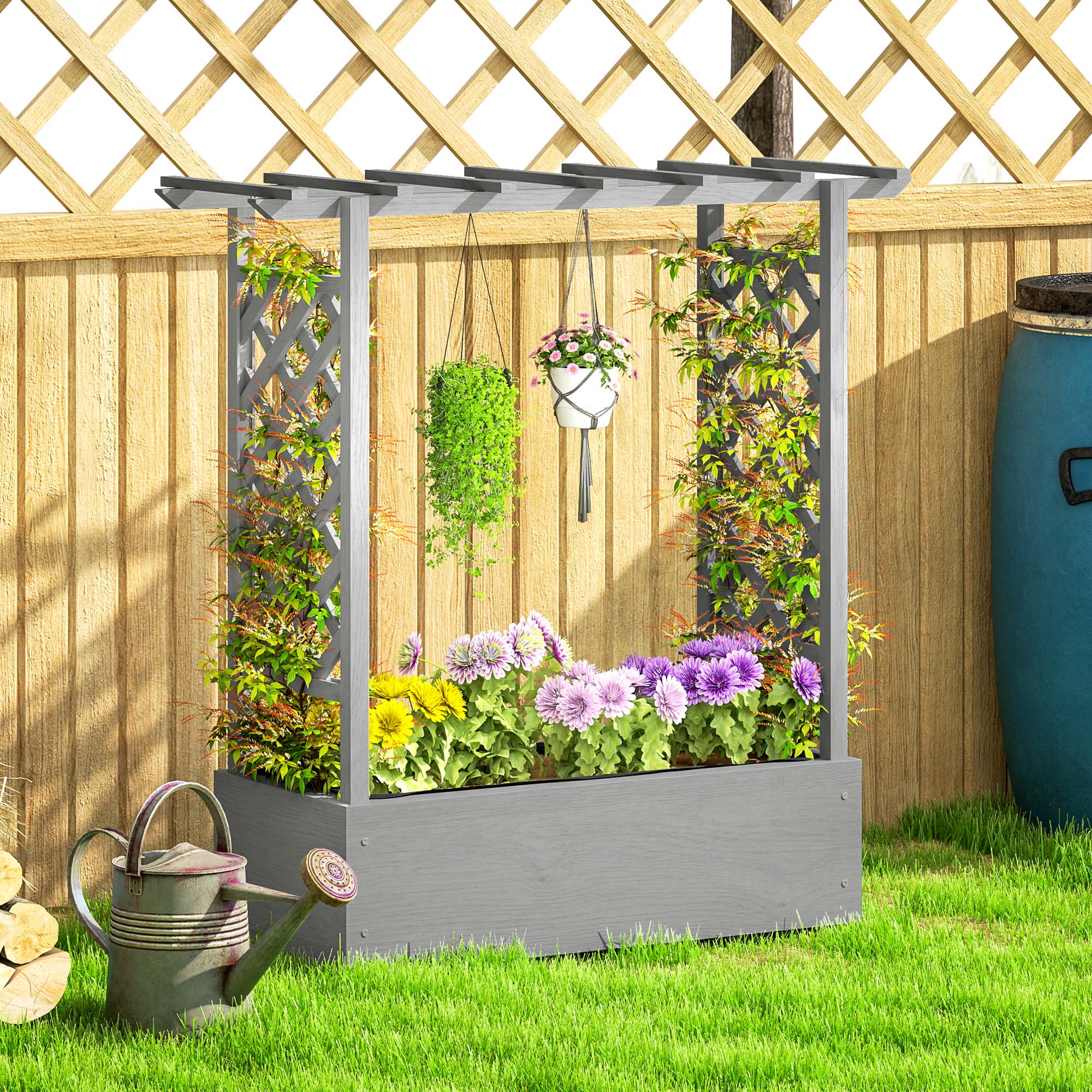 Outsunny Wooden Raised Garden Bed with Trellis, Outdoor Planter Box with Hanging Roof, Drainage Holes and Bed Liner 