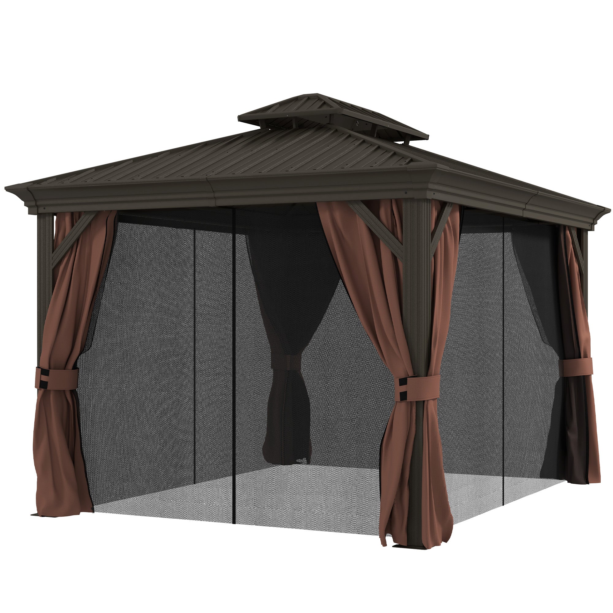 Outsunny 10' x 12' Outdoor Hardtop Gazebo with Galvanized Canopy & Netting Sidewalls for Lawn, Backyard, Dark Brown 