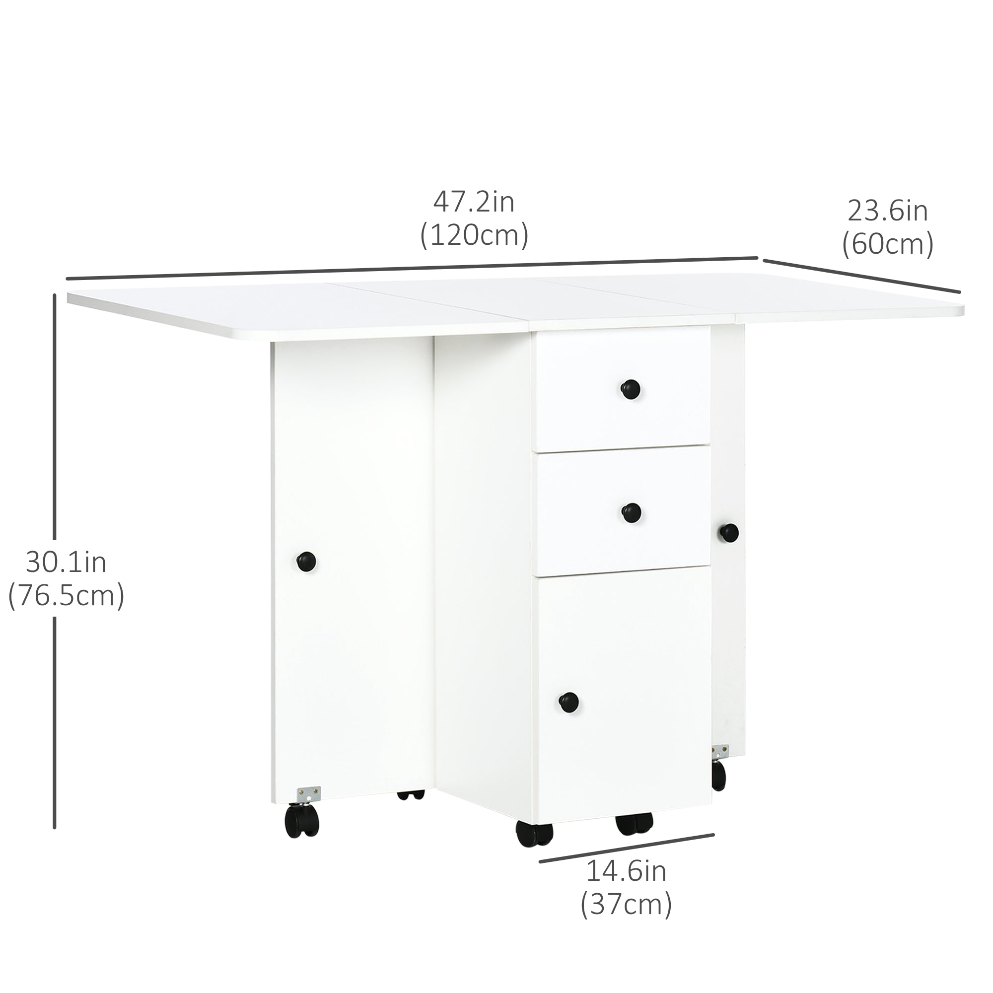 HOMCOM Rolling Kitchen Table Foldable Dining with Storage Drawers Cabinet Drop Leaf Wheels White 
