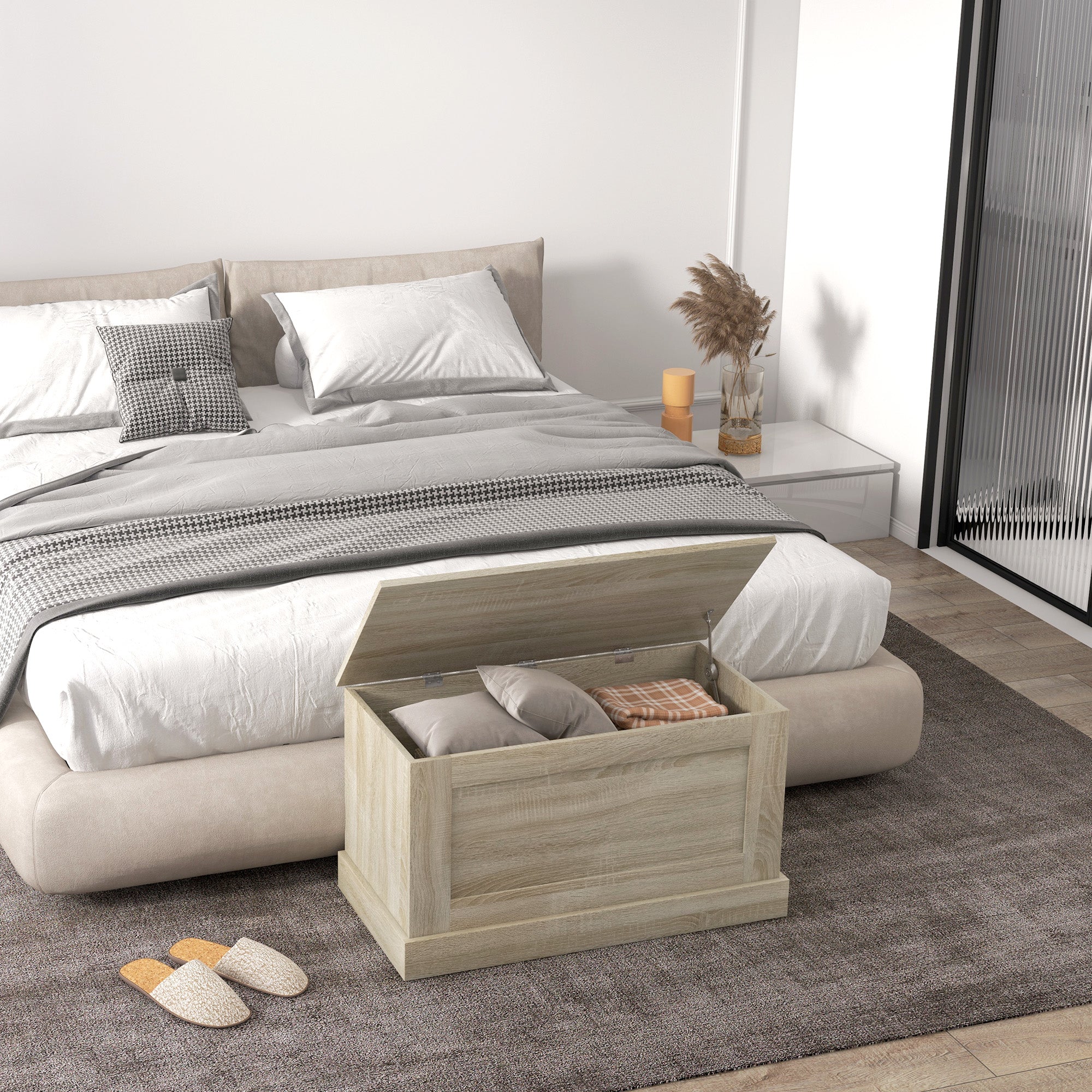 HOMCOM 31.5 Inches Storage Chest, Storage Trunk with Safety Hinge, Wooden Toy Box for Living Room, Natural Wood Grain 