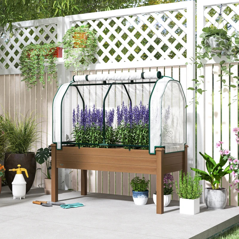 Raised Garden Bed with PE Greenhouse Cover Outdoor Elevated Wood Planter Box for Herbs and Vegetables Brown