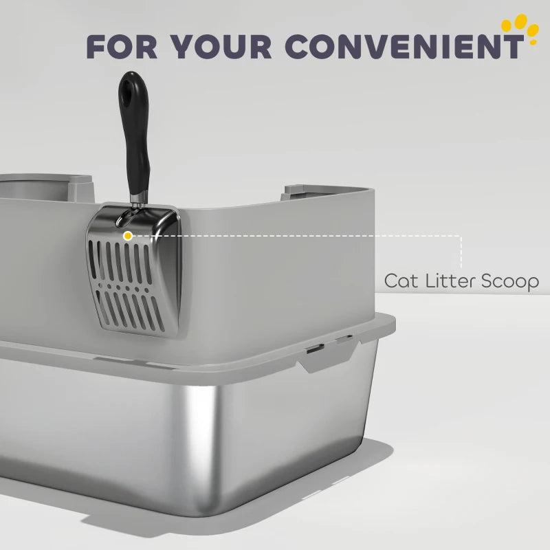 Stainless Steel Litter Box, XL High Sided Cat Litter Box with Scoop, Anti Leakage & Easy to Clean, 24" x 16" x 12", Grey