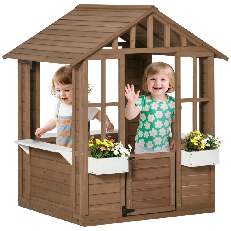 Kids Wooden Playhouse, Outdoor Garden Games Cottage with Flowers Pot Holder, Working Door, Windows, Brown