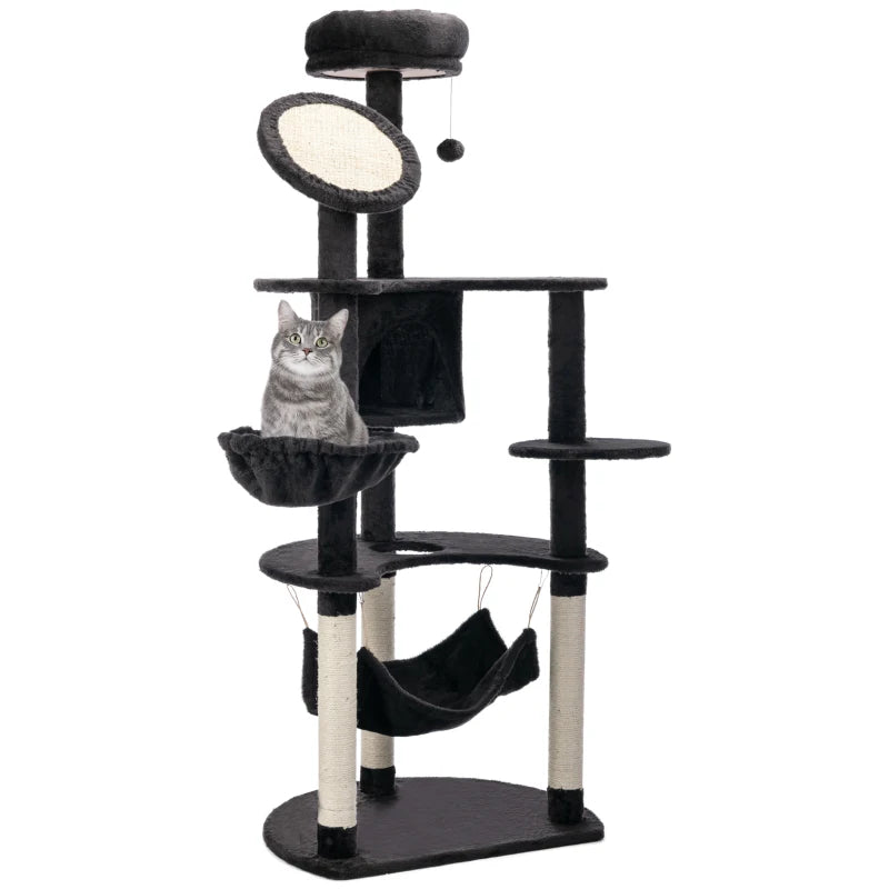 60" Multi-Level Plush Cat Tree, Tall Cat Tower with Scratching Posts and 2 Hammocks, Dark Grey