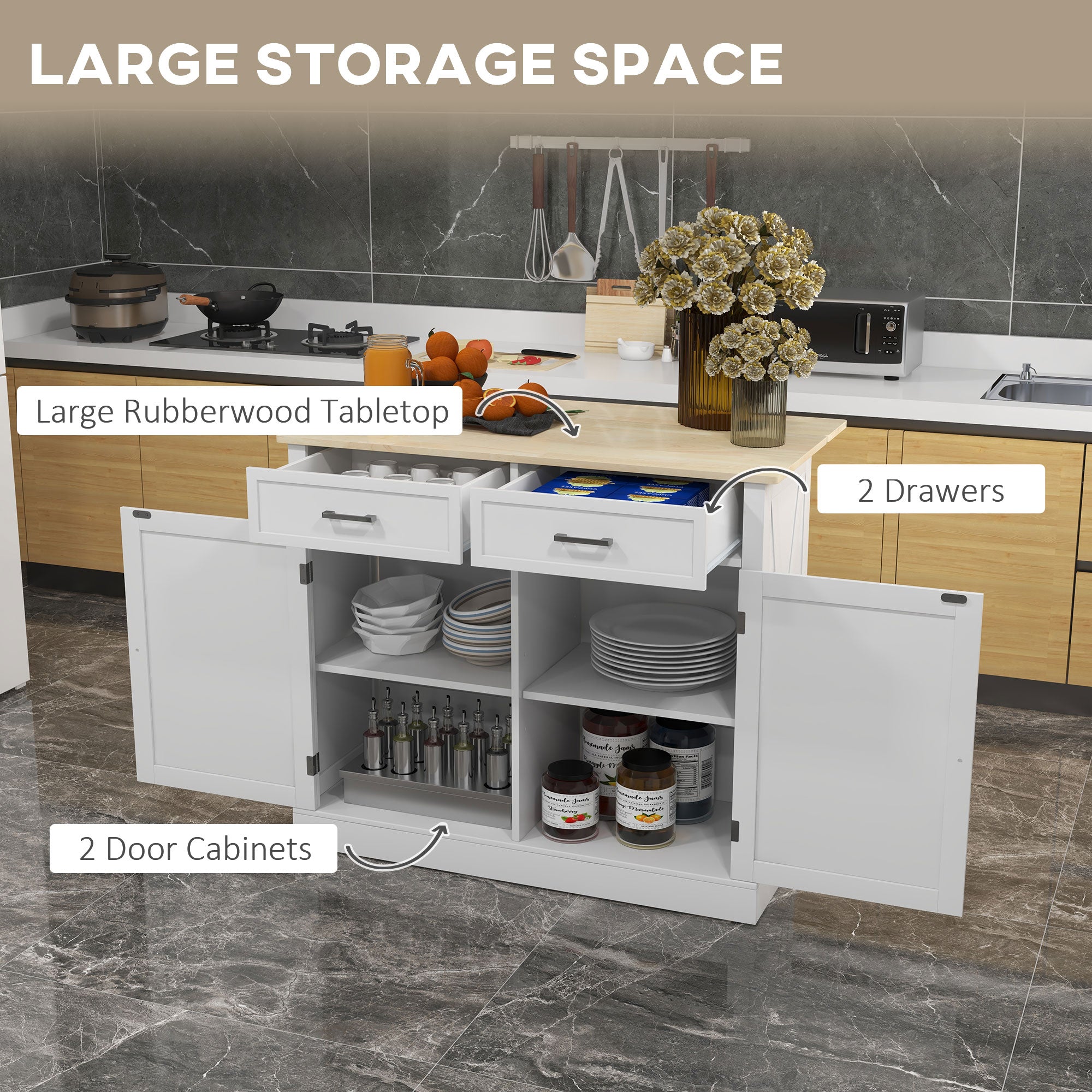 HOMCOM Farmhouse Kitchen Cart: White, Rolling Island, Drop Leaf, Wood Breakfast Bar, 2 Drawers, Adjustable Shelves 