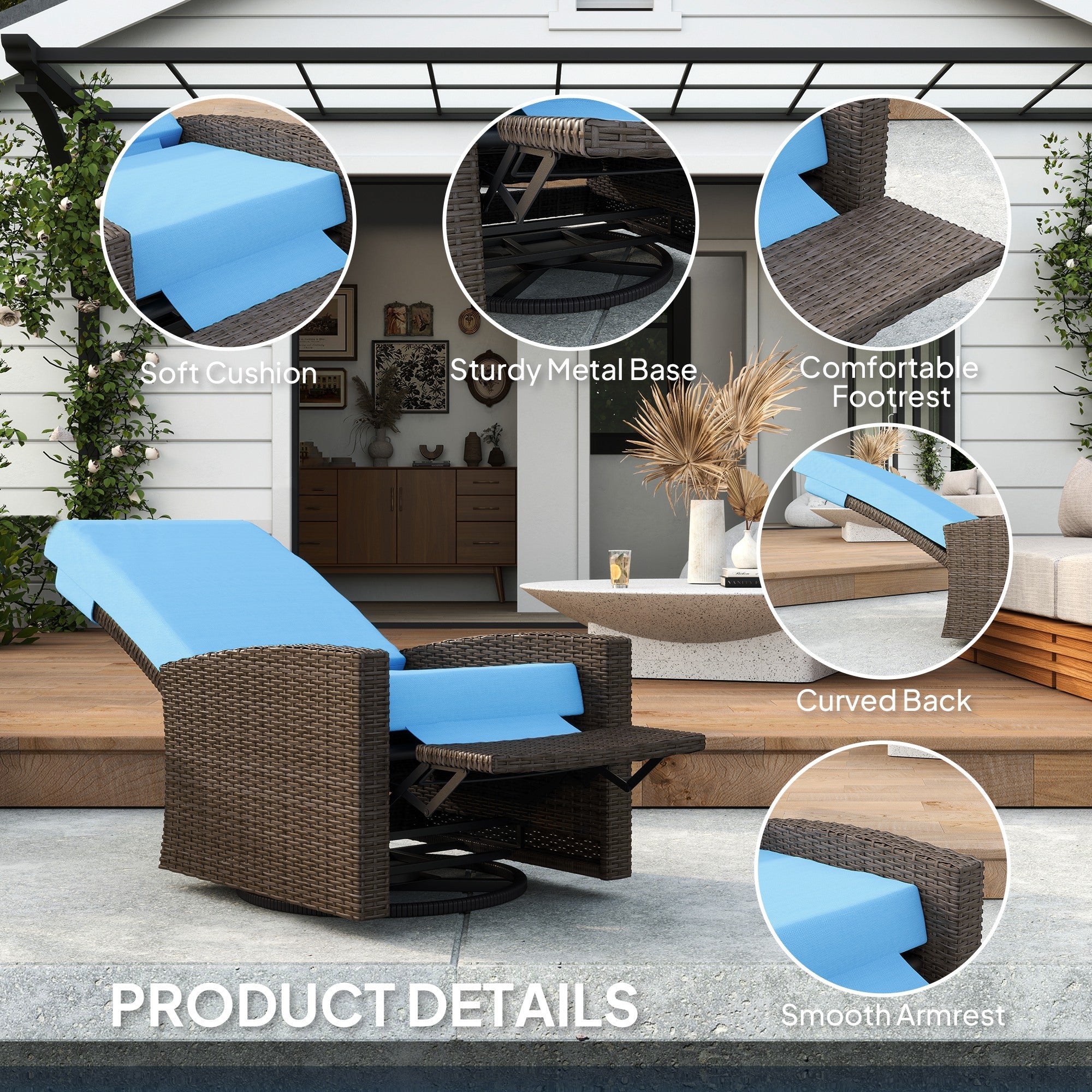 Outsunny Outdoor Rattan Wicker Lounge Chair with Footrest & Soft Cushion for Patio, Garden, Backyard, Sky Blue 