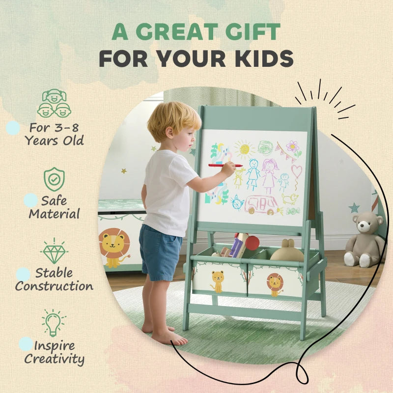 Qaba Art Easel for Kids, Double-Sided Whiteboard & Chalkboard with Paper Roll, 2 Storage Boxes, Gift for Boys, Girls, Green