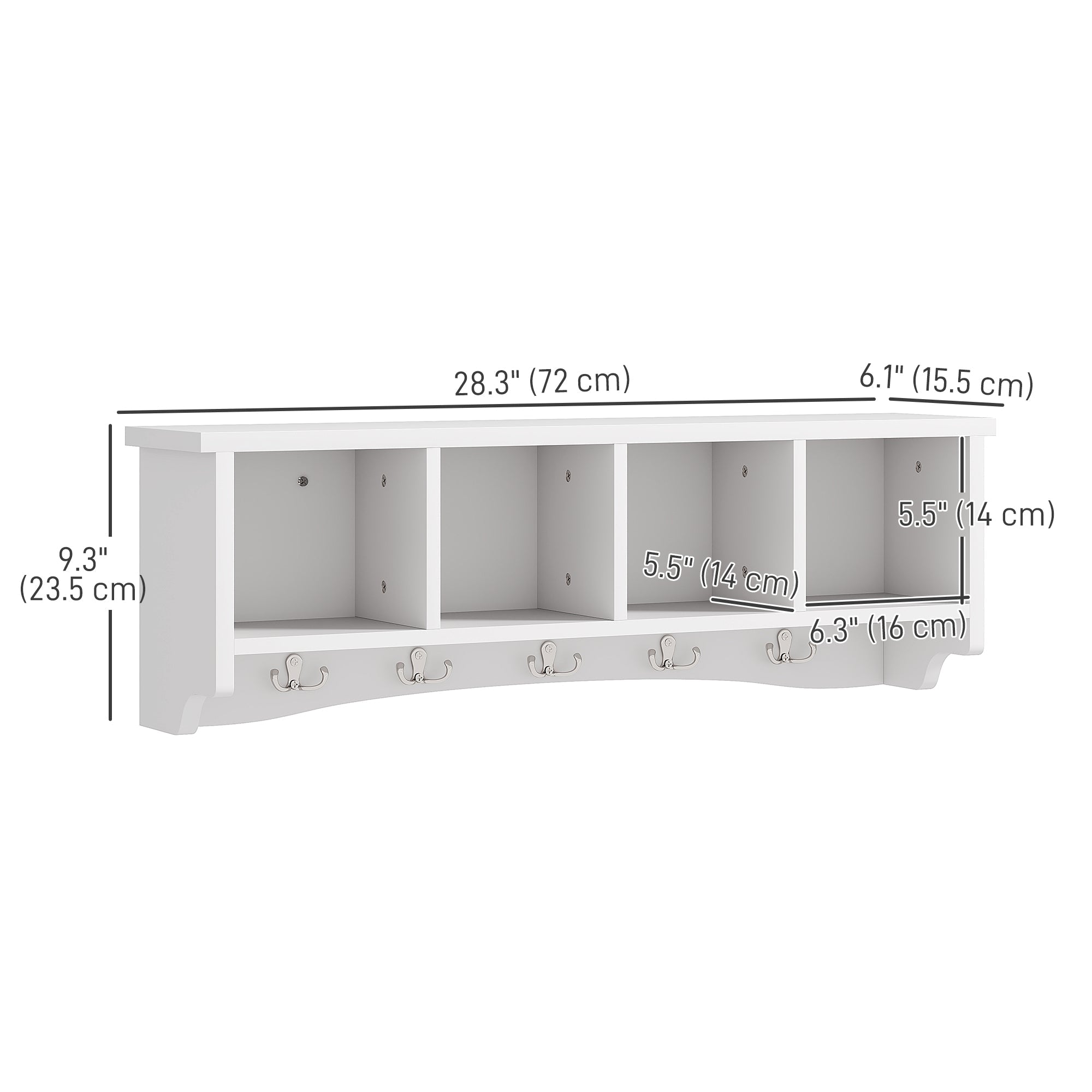 HOMCOM Coat Rack Wall Mount with Shelf, 28" Wall Coat Rack with 5 Hooks and 4 Compartments for Living Room, Entryway, White 