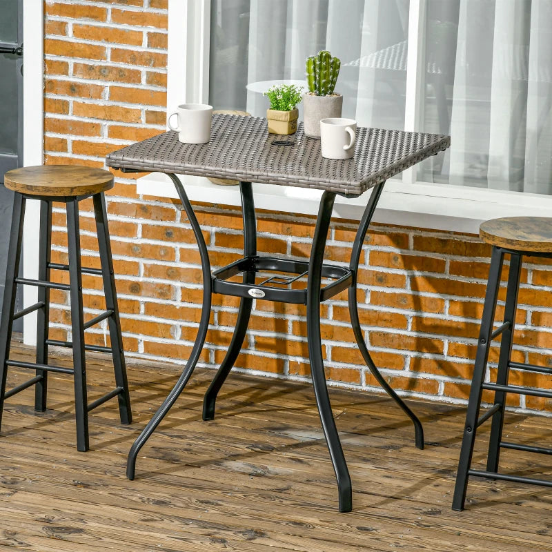 Patio Wicker Dining Table with Umbrella Hole, 34 Inch Outdoor PE Rattan Coffee Table with Plastic Board Under the Woven Table Top for Patio, Garden, Balcony, Light Grey
