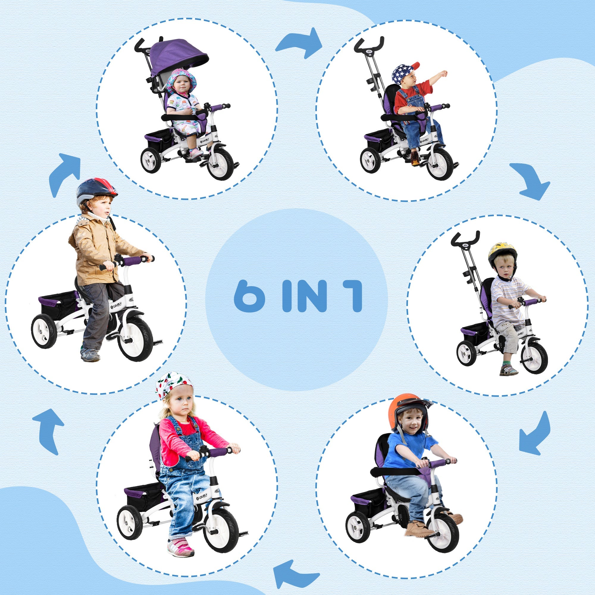 Qaba 4-in-1 Convertible Toddler Tricycle Stroller with Canopy Basket Safety Harness for Kids 12-60 Months Purple 