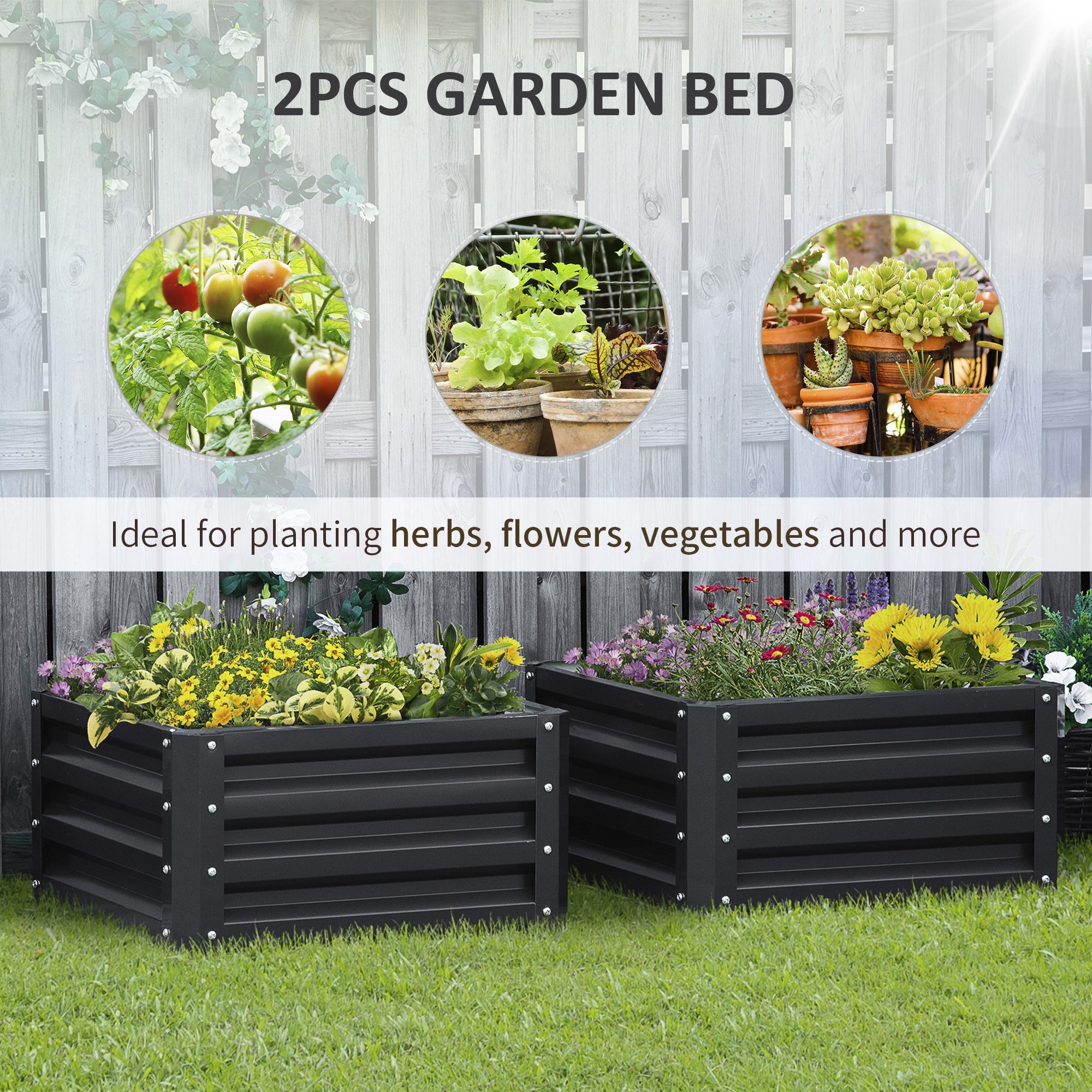 Outsunny 2' x 2' Raised Garden Bed 2-Pieces with Color Steel Frame for Vegetables Flowers Herbs Grey 