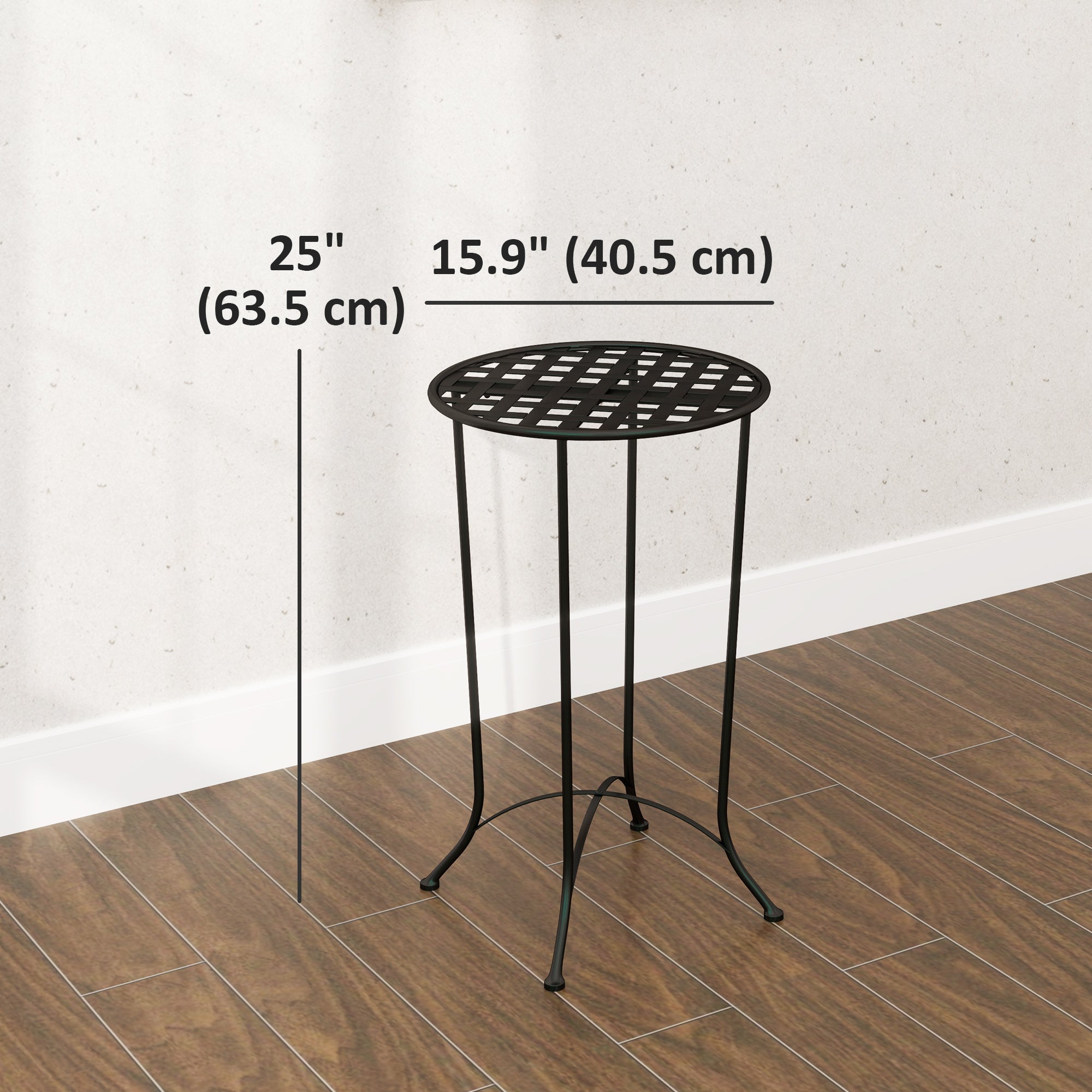 Outsunny 16" Round Outdoor Table, Small Patio Side Table, Metal End Table Plant Stand with Grid Top for Indoor, Garden, Black 